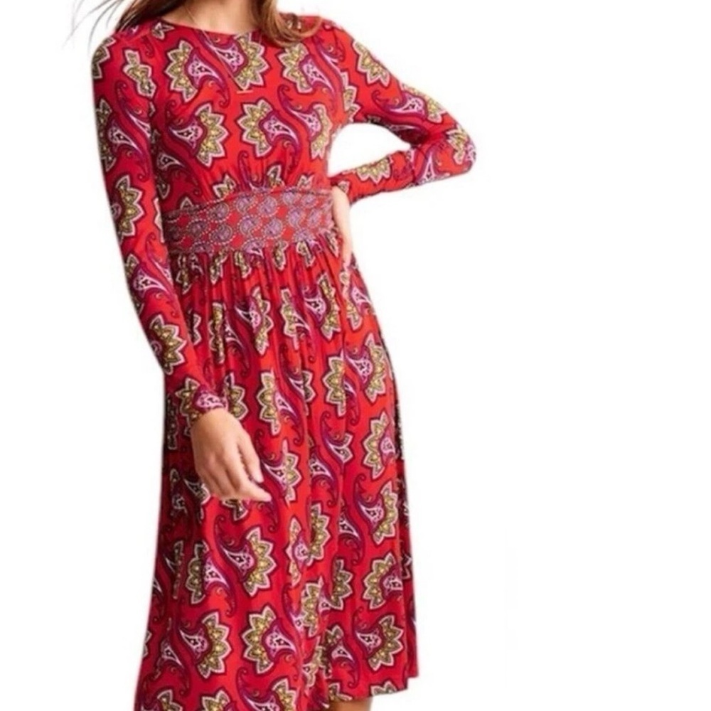 Boden Red Paisley Thea Midi Dress Long Sleeve Size 20-22 Regular